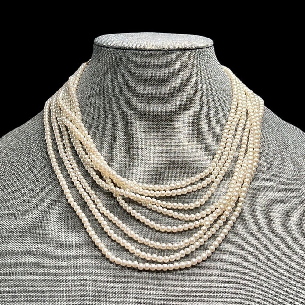 Pearl Necklace Imitation Faux Multi-Strand Gold Tone Hook Closure Vintage